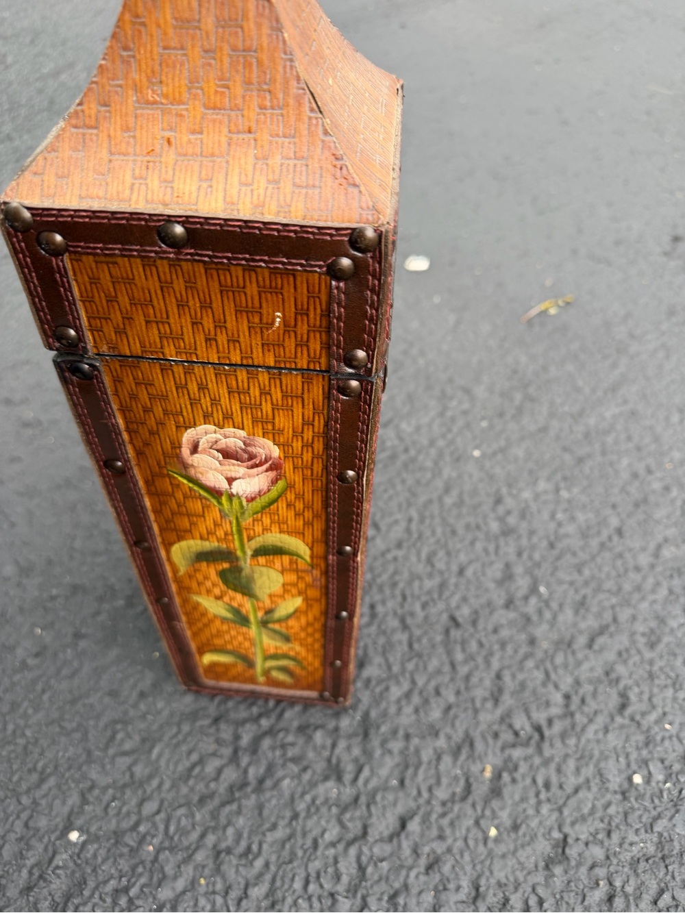 Vintage Hand-Painted Floral Wood Accent Vase - Brown with Pink Rose